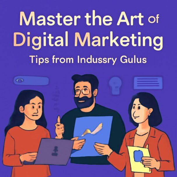 Three people discuss digital marketing tips, with one man holding a presentation board and two women listening attentive