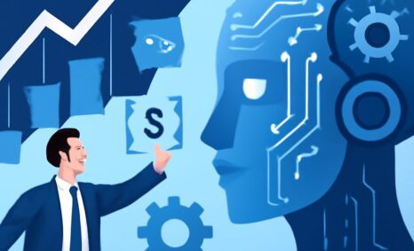 A businessman in a suit gestures towards a blue, futuristic robot head with circuit patterns and financial symbols in th