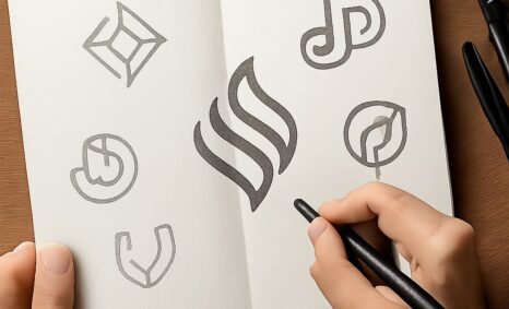 A hand holds a pen, sketching a stylized logo on a blank page surrounded by various logo designs.