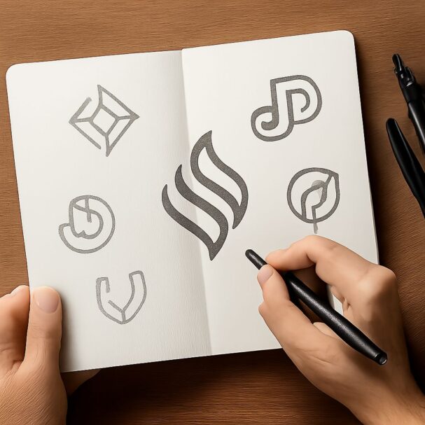 A hand holds a pen, sketching a stylized logo on a blank page surrounded by various logo designs.
