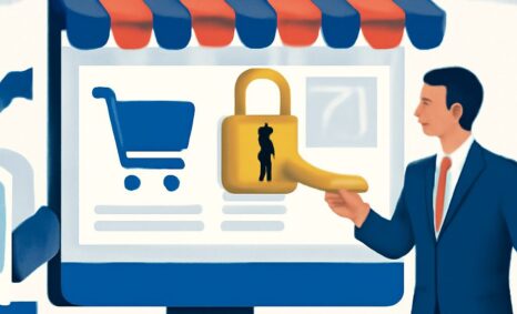 A businessman points to a digital shopping cart and a yellow padlock symbolizing online security on a computer screen.