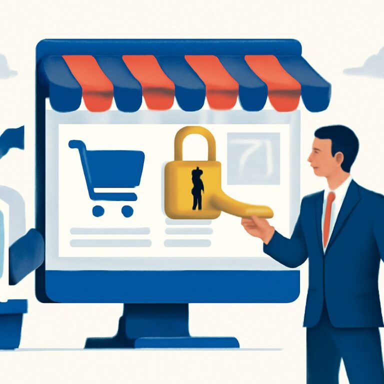 A businessman points to a digital shopping cart and a yellow padlock symbolizing online security on a computer screen.