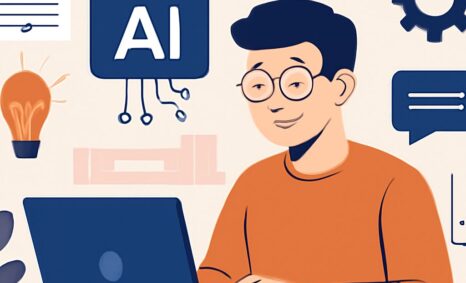 A young man with glasses smiles while working on a laptop, surrounded by icons representing artificial intelligence and