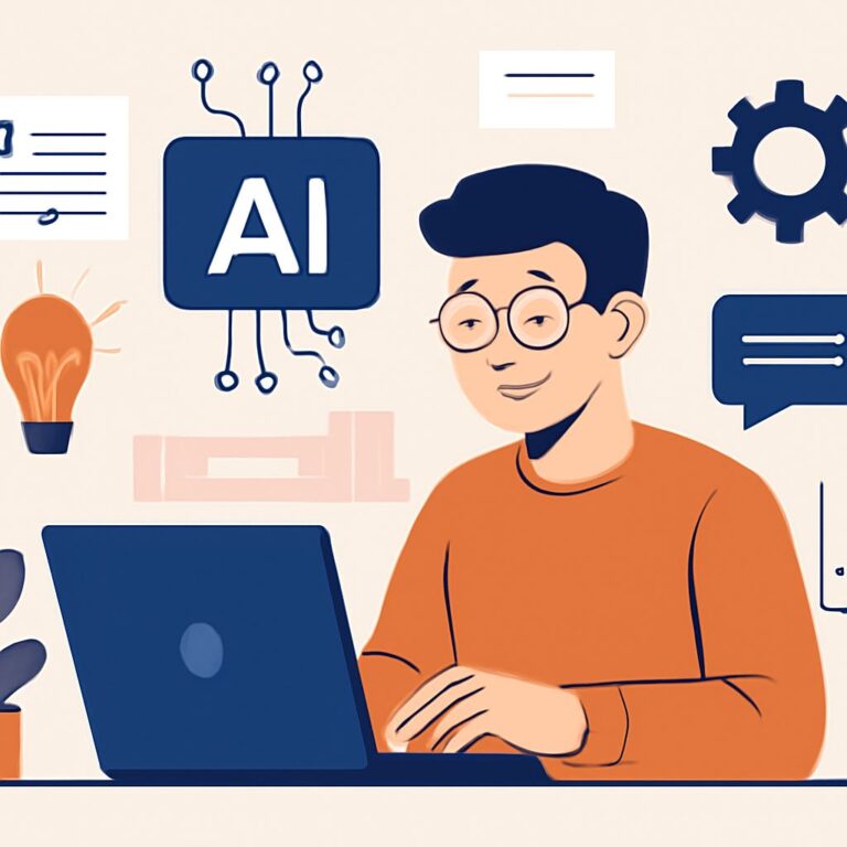 A young man with glasses smiles while working on a laptop, surrounded by icons representing artificial intelligence and