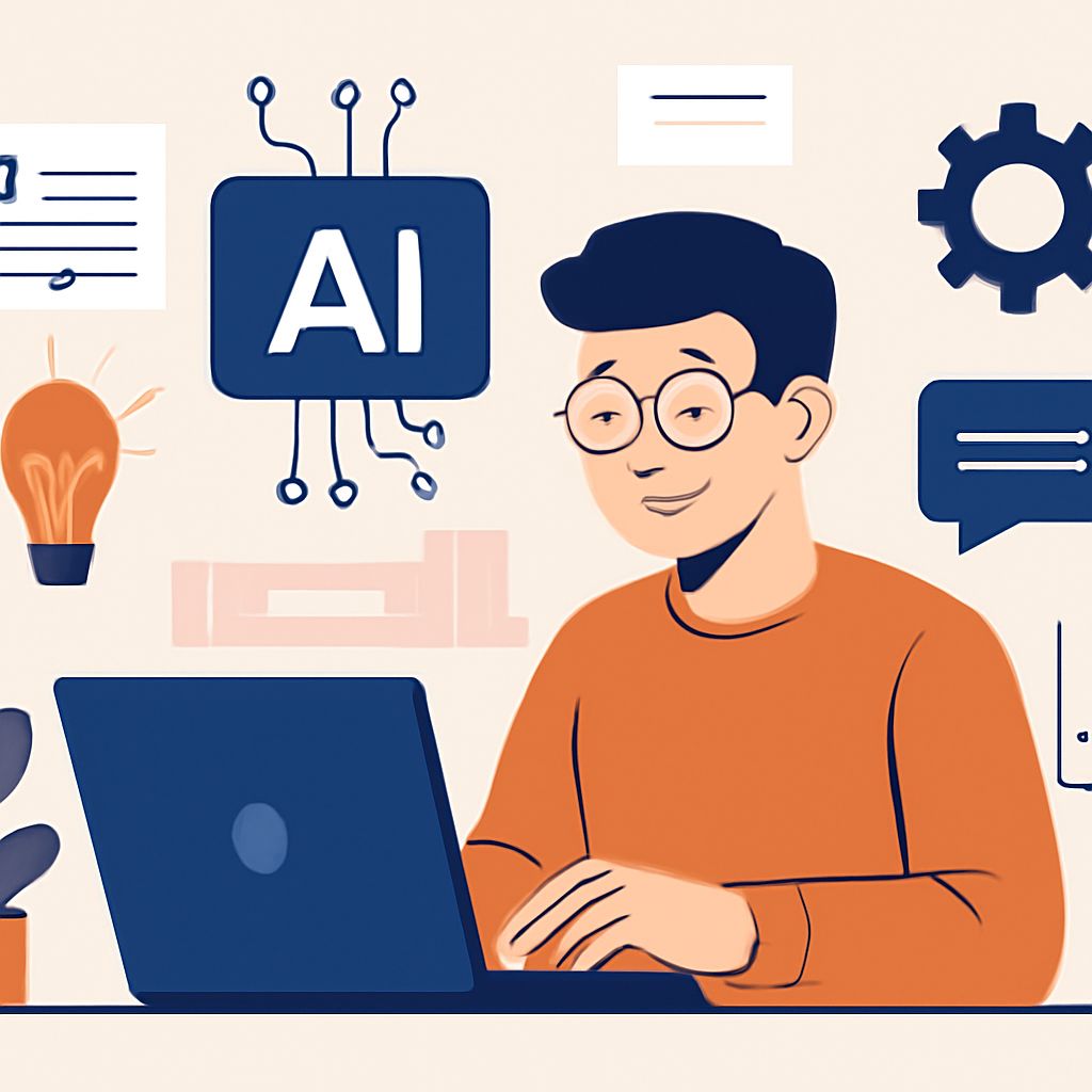 A young man with glasses smiles while working on a laptop, surrounded by icons representing artificial intelligence and