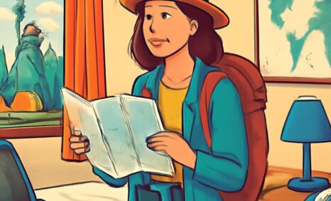 A woman with a backpack stands indoors, holding a map and smiling, with a scenic view of mountains visible through the w