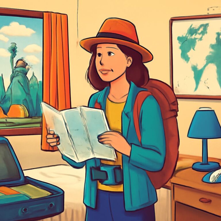 A woman with a backpack stands indoors, holding a map and smiling, with a scenic view of mountains visible through the w
