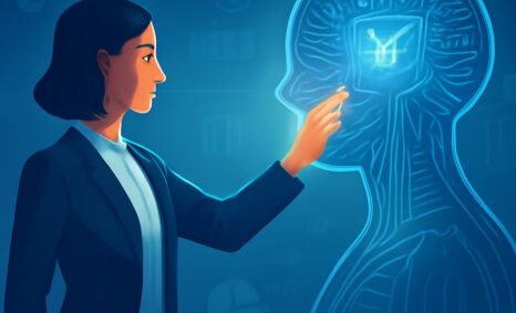 A woman in a blazer touches a glowing, blue outline of a human head with digital elements, symbolizing innovation.