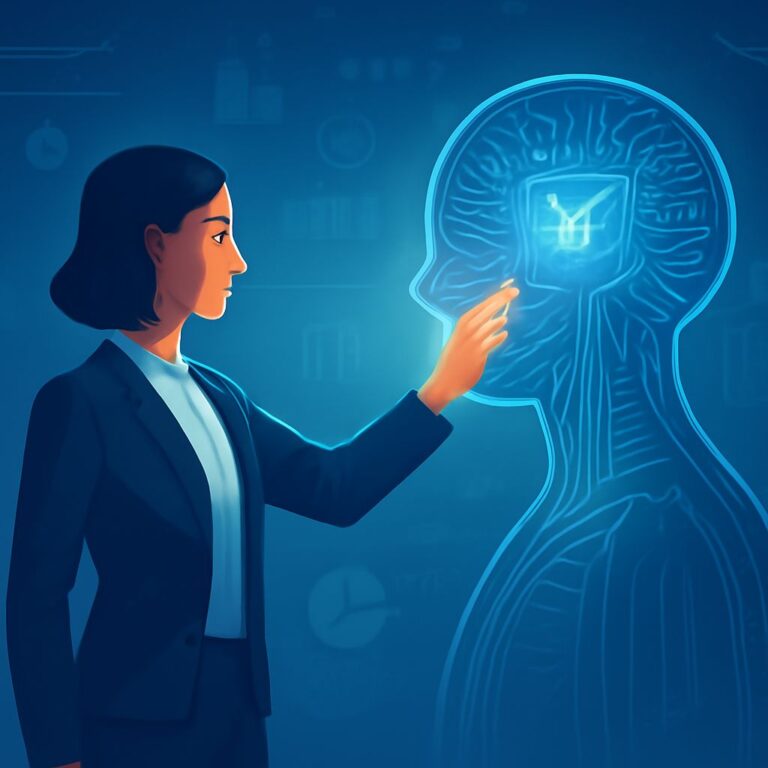 A woman in a blazer touches a glowing, blue outline of a human head with digital elements, symbolizing innovation.