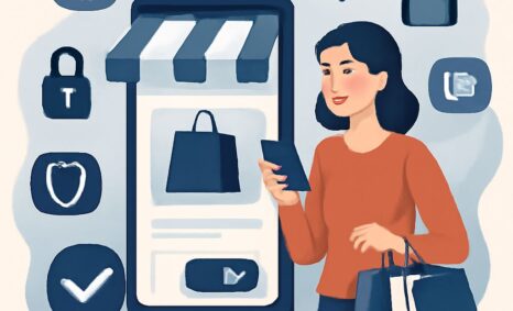 A woman in an orange sweater uses her phone to shop online while holding shopping bags, surrounded by shopping icons.