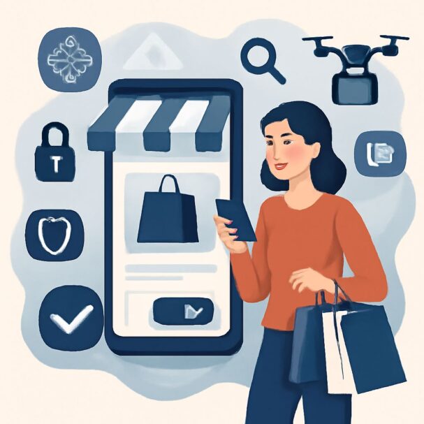 A woman in an orange sweater uses her phone to shop online while holding shopping bags, surrounded by shopping icons.