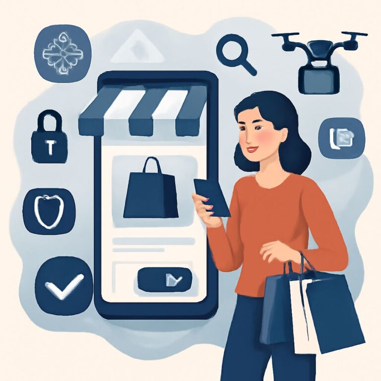 A woman in an orange sweater uses her phone to shop online while holding shopping bags, surrounded by shopping icons.