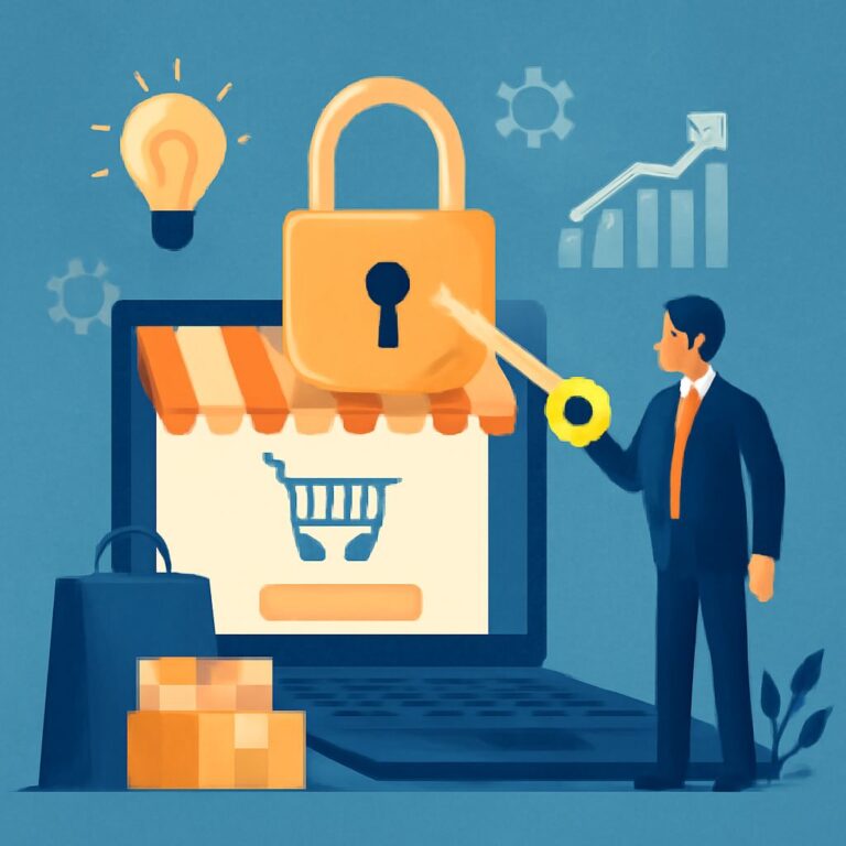 A businessman in a suit unlocks a padlock above a laptop displaying a shopping cart, symbolizing online security.