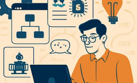 A man in an orange shirt sits at a laptop, surrounded by icons representing technology and creativity.