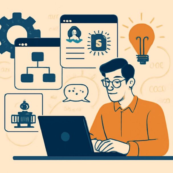 A man in an orange shirt sits at a laptop, surrounded by icons representing technology and creativity.