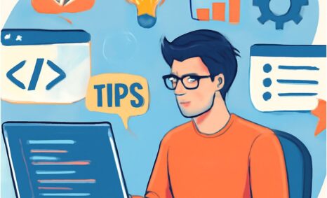 A young man in an orange shirt works on a laptop, surrounded by icons representing coding, tips, and data analysis.