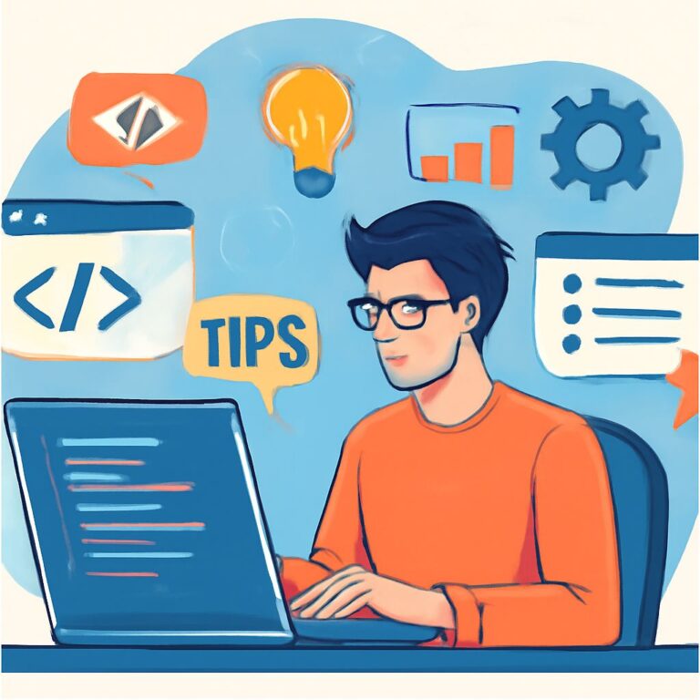 A young man in an orange shirt works on a laptop, surrounded by icons representing coding, tips, and data analysis.