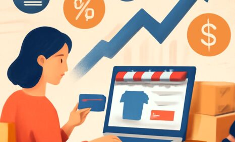 A woman in a red sweater holds a credit card while shopping online, with shopping icons and a rising graph in the backgr