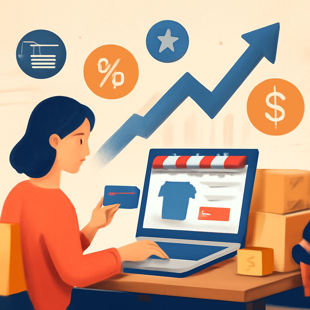 A woman in a red sweater holds a credit card while shopping online, with shopping icons and a rising graph in the backgr