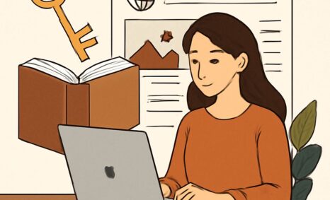 A woman with long brown hair sits at a desk, working on a laptop, surrounded by books and educational materials.