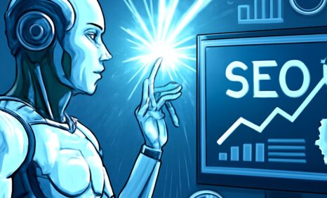 A futuristic robot points at a screen displaying SEO graphs and data against a blue background.