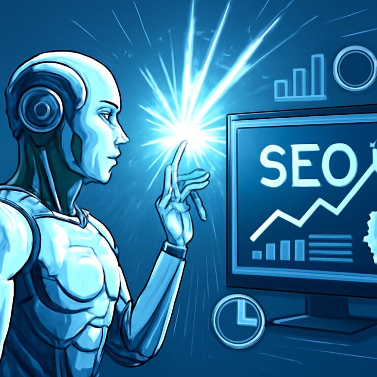 A futuristic robot points at a screen displaying SEO graphs and data against a blue background.