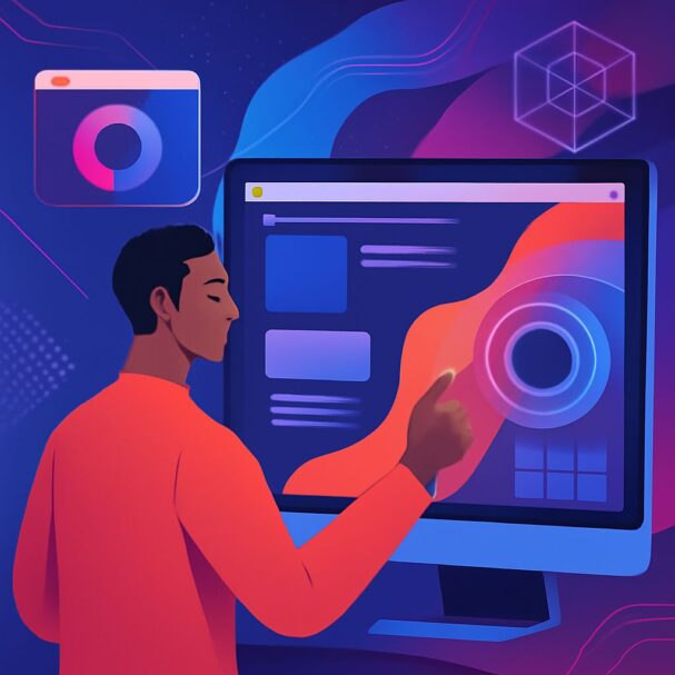 A person in an orange shirt interacts with a colorful digital interface on a large screen, surrounded by geometric shape