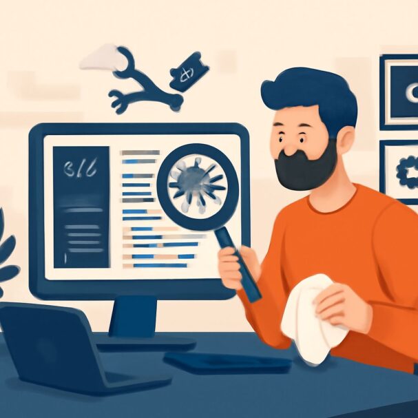 A man in an orange shirt examines a computer screen with a magnifying glass, holding a cloth in his other hand.