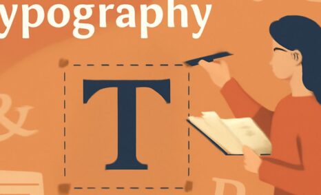 A person with long dark hair is designing typography, focusing on a large blue letter 'T' against an orange background.
