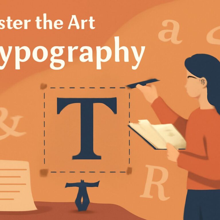 A person with long dark hair is designing typography, focusing on a large blue letter 'T' against an orange background.