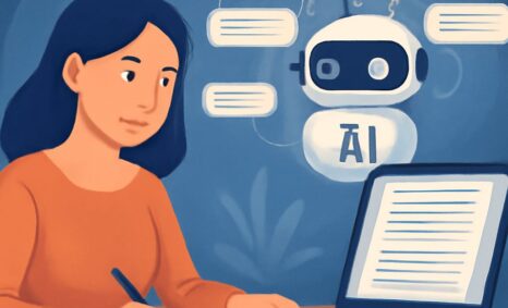 A woman with dark hair writes notes at a laptop, while a friendly robot icon displays text bubbles labeled "AI.