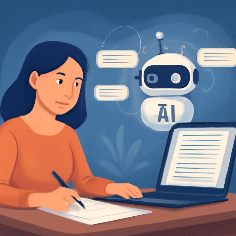 A woman with dark hair writes notes at a laptop, while a friendly robot icon displays text bubbles labeled "AI.