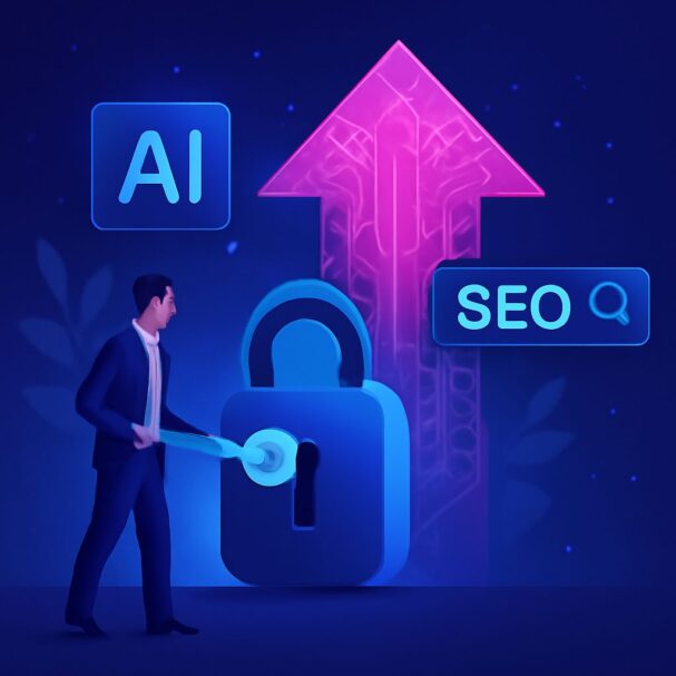 A man in a suit unlocks a blue padlock, with glowing arrows and text for "AI" and "SEO" in a dark, digital-themed backgr