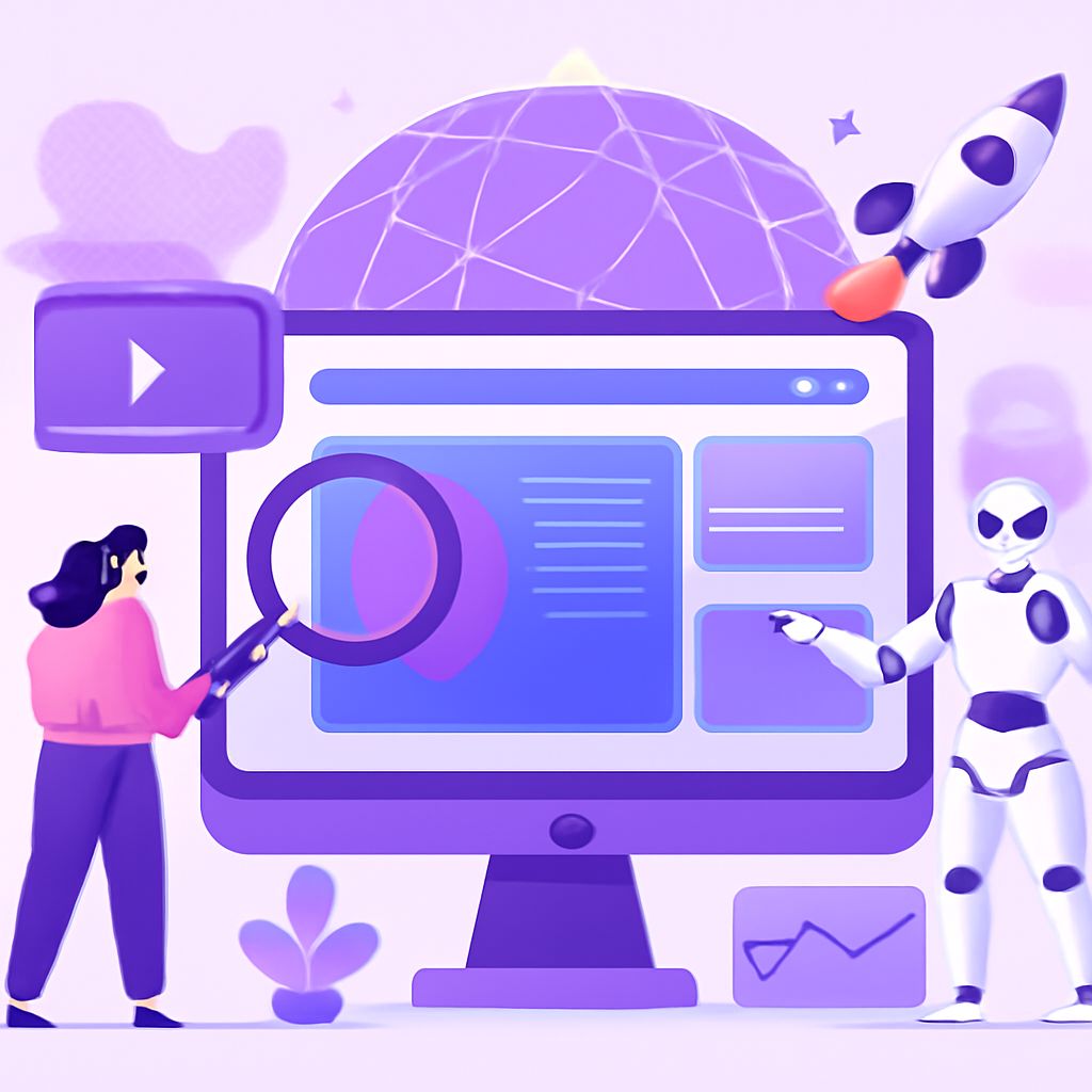 A woman in pink examines a digital interface on a purple computer screen, alongside a friendly robot.