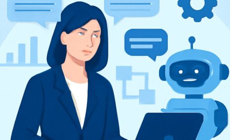 A woman in a blazer looks thoughtfully at a laptop, next to a friendly blue robot and chat bubbles in a light blue backg