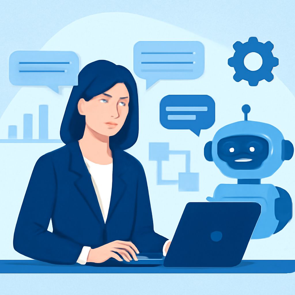 A woman in a blazer looks thoughtfully at a laptop, next to a friendly blue robot and chat bubbles in a light blue backg