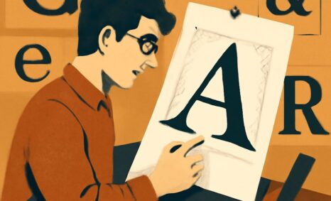 A man in glasses examines a large letter "A" on a sheet of paper, surrounded by letters on an orange background.