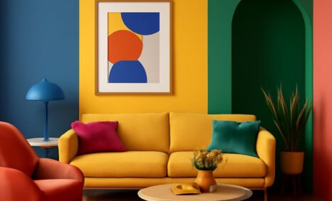 A vibrant living room features a yellow sofa with colorful pillows, a round coffee table, and bold, multi-colored walls.