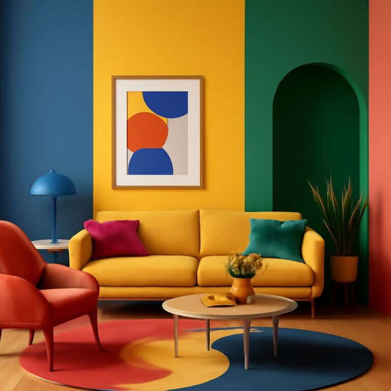 A vibrant living room features a yellow sofa with colorful pillows, a round coffee table, and bold, multi-colored walls.