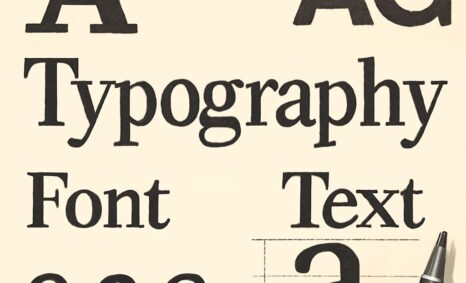 Various typography styles and font examples are displayed on a light background, alongside a black pen.