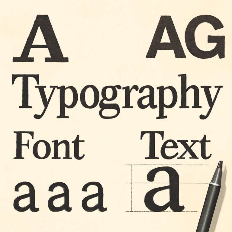 Various typography styles and font examples are displayed on a light background, alongside a black pen.
