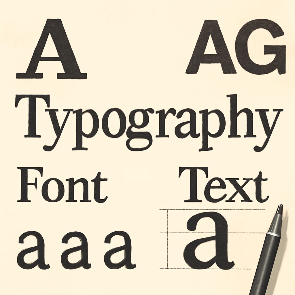 Various typography styles and font examples are displayed on a light background, alongside a black pen.