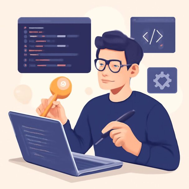 A young man in glasses works on a laptop, holding a lollipop and a pen, with coding screens in the background.