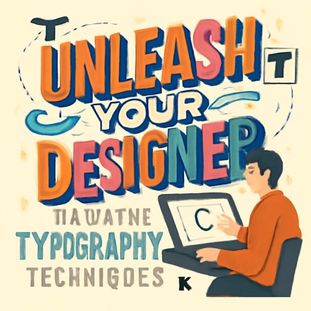 A person in a red shirt designs typography on a computer, surrounded by colorful text promoting design skills.