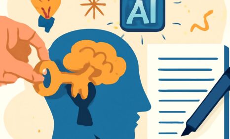 A hand holds a key unlocking a blue silhouette's brain, surrounded by lightbulbs, AI text, and a notepad.