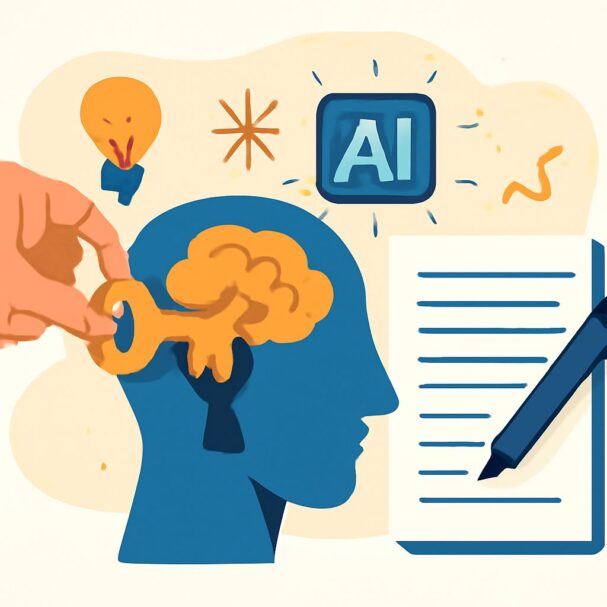 A hand holds a key unlocking a blue silhouette's brain, surrounded by lightbulbs, AI text, and a notepad.