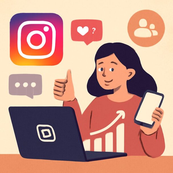 A woman with long dark hair gives a thumbs-up while holding a smartphone, sitting in front of a laptop with social media