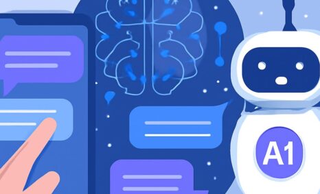 A hand interacts with a smartphone displaying chat bubbles, alongside a cartoon robot and a stylized brain graphic.