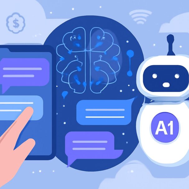 A hand interacts with a smartphone displaying chat bubbles, alongside a cartoon robot and a stylized brain graphic.