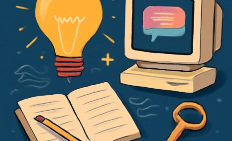A glowing light bulb, an open notebook with a pencil, a vintage computer displaying a chat bubble, and a key on a blue b